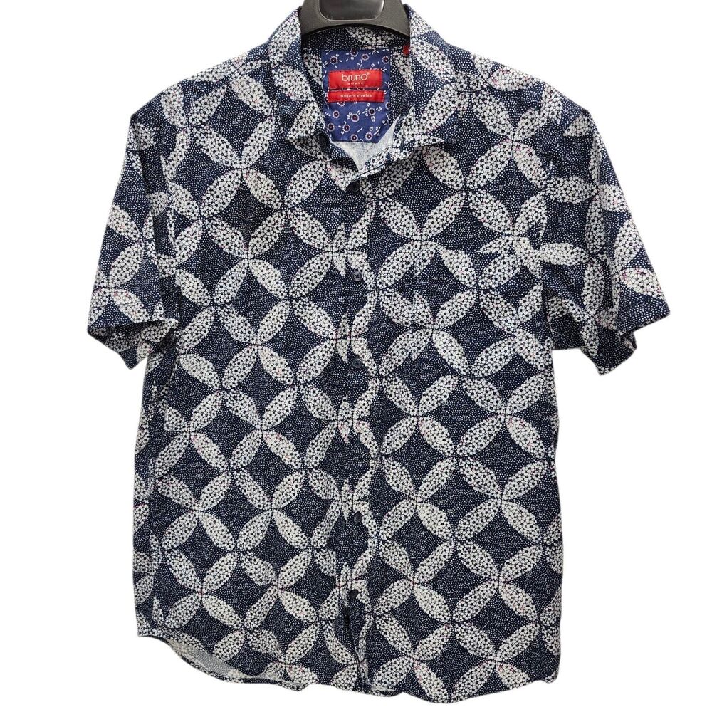 Bruno Milano Button Up Shirt Mens XL Blue White Pink Flora Modern Stretch Casual